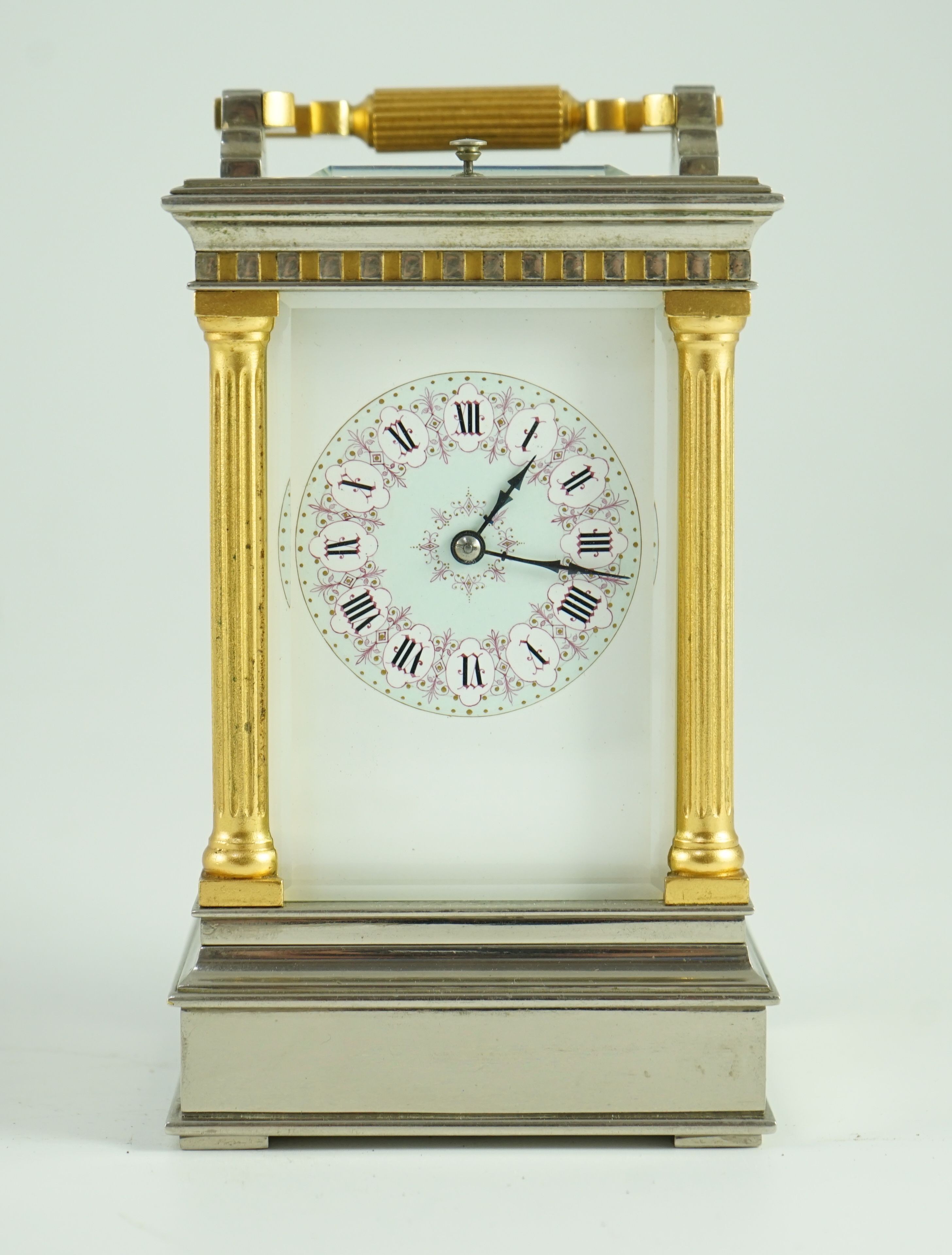 A late 19th century French hour repeating silvered and gilt brass carriage clock, width 10cm, depth 9cm, height 17.5cm